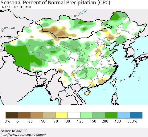 China, Mongolia and Taiwan Seasonal Percent of Normal Precipitation (CPC) Thematic Map For 3/1/2021 - 6/30/2021