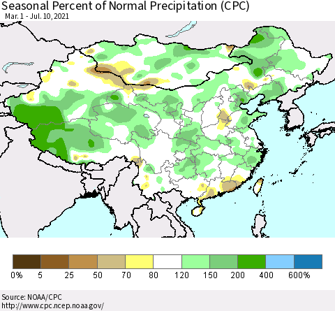 China, Mongolia and Taiwan Seasonal Percent of Normal Precipitation (CPC) Thematic Map For 3/1/2021 - 7/10/2021