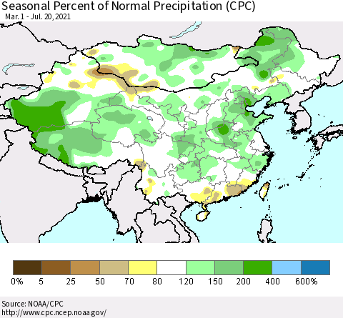China, Mongolia and Taiwan Seasonal Percent of Normal Precipitation (CPC) Thematic Map For 3/1/2021 - 7/20/2021