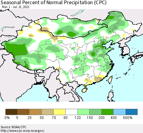 China, Mongolia and Taiwan Seasonal Percent of Normal Precipitation (CPC) Thematic Map For 3/1/2021 - 7/31/2021