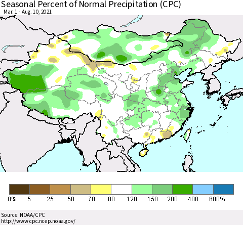 China, Mongolia and Taiwan Seasonal Percent of Normal Precipitation (CPC) Thematic Map For 3/1/2021 - 8/10/2021
