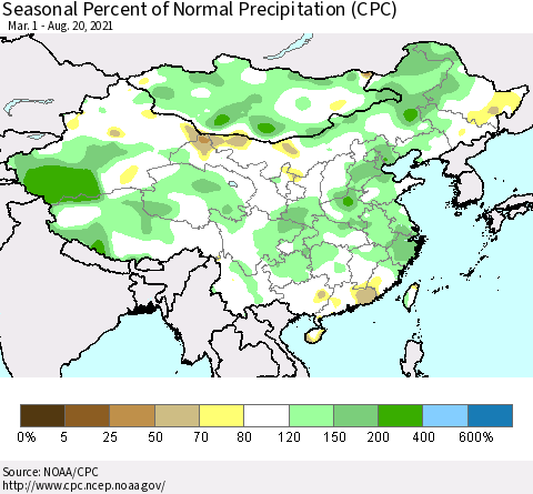 China, Mongolia and Taiwan Seasonal Percent of Normal Precipitation (CPC) Thematic Map For 3/1/2021 - 8/20/2021