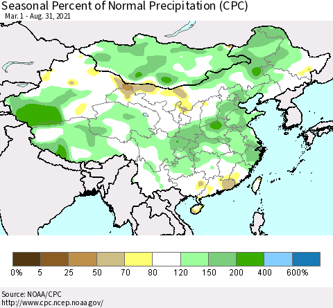 China, Mongolia and Taiwan Seasonal Percent of Normal Precipitation (CPC) Thematic Map For 3/1/2021 - 8/31/2021