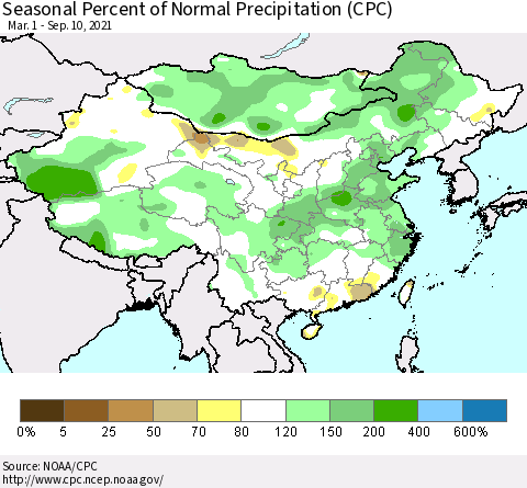 China, Mongolia and Taiwan Seasonal Percent of Normal Precipitation (CPC) Thematic Map For 3/1/2021 - 9/10/2021
