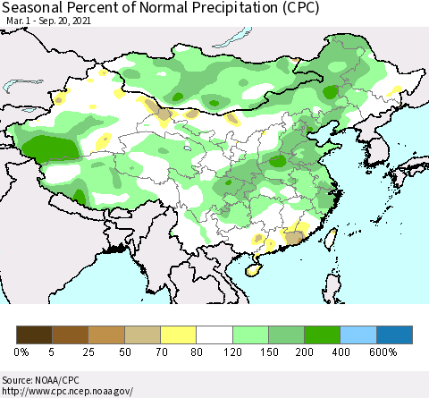 China, Mongolia and Taiwan Seasonal Percent of Normal Precipitation (CPC) Thematic Map For 3/1/2021 - 9/20/2021