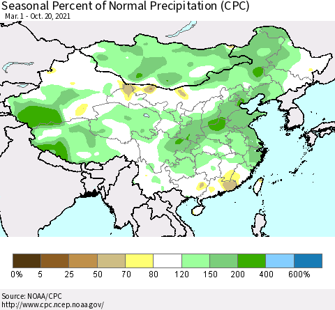 China, Mongolia and Taiwan Seasonal Percent of Normal Precipitation (CPC) Thematic Map For 3/1/2021 - 10/20/2021