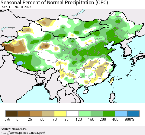 China, Mongolia and Taiwan Seasonal Percent of Normal Precipitation (CPC) Thematic Map For 9/1/2021 - 1/10/2022
