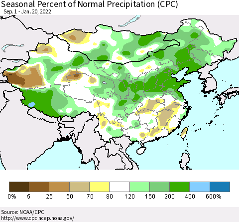 China, Mongolia and Taiwan Seasonal Percent of Normal Precipitation (CPC) Thematic Map For 9/1/2021 - 1/20/2022