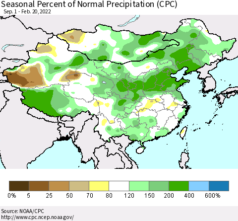 China, Mongolia and Taiwan Seasonal Percent of Normal Precipitation (CPC) Thematic Map For 9/1/2021 - 2/20/2022