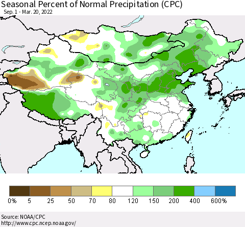 China, Mongolia and Taiwan Seasonal Percent of Normal Precipitation (CPC) Thematic Map For 9/1/2021 - 3/20/2022