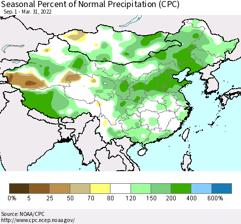 China, Mongolia and Taiwan Seasonal Percent of Normal Precipitation (CPC) Thematic Map For 9/1/2021 - 3/31/2022