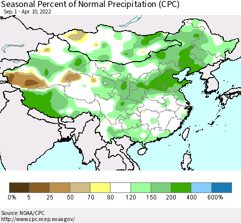 China, Mongolia and Taiwan Seasonal Percent of Normal Precipitation (CPC) Thematic Map For 9/1/2021 - 4/10/2022