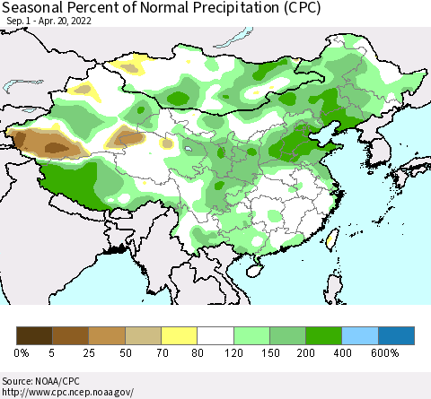 China, Mongolia and Taiwan Seasonal Percent of Normal Precipitation (CPC) Thematic Map For 9/1/2021 - 4/20/2022