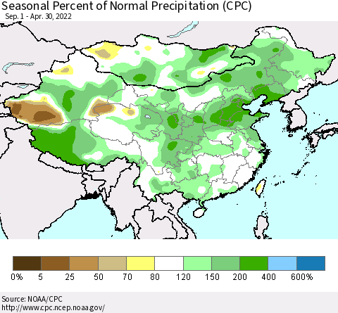 China, Mongolia and Taiwan Seasonal Percent of Normal Precipitation (CPC) Thematic Map For 9/1/2021 - 4/30/2022