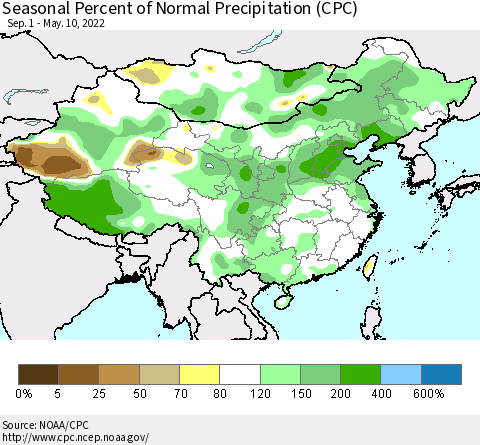 China, Mongolia and Taiwan Seasonal Percent of Normal Precipitation (CPC) Thematic Map For 9/1/2021 - 5/10/2022