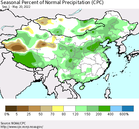 China, Mongolia and Taiwan Seasonal Percent of Normal Precipitation (CPC) Thematic Map For 9/1/2021 - 5/20/2022