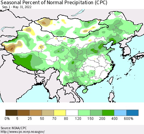 China, Mongolia and Taiwan Seasonal Percent of Normal Precipitation (CPC) Thematic Map For 9/1/2021 - 5/31/2022