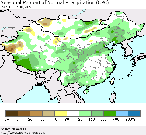 China, Mongolia and Taiwan Seasonal Percent of Normal Precipitation (CPC) Thematic Map For 9/1/2021 - 6/10/2022