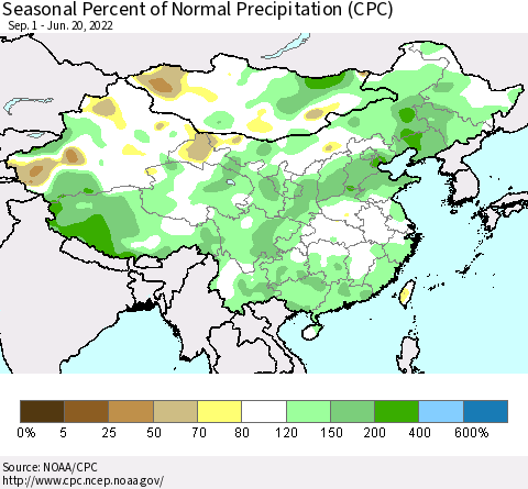 China, Mongolia and Taiwan Seasonal Percent of Normal Precipitation (CPC) Thematic Map For 9/1/2021 - 6/20/2022