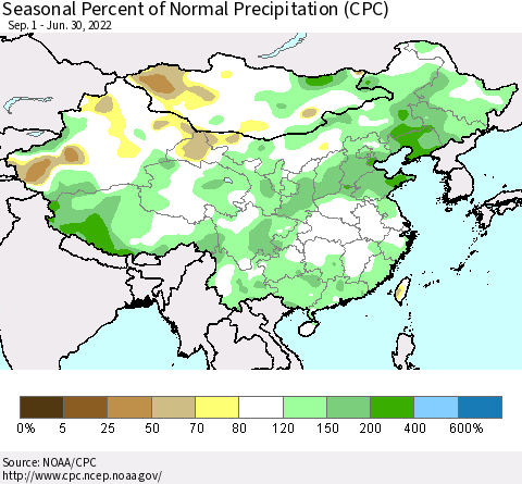 China, Mongolia and Taiwan Seasonal Percent of Normal Precipitation (CPC) Thematic Map For 9/1/2021 - 6/30/2022