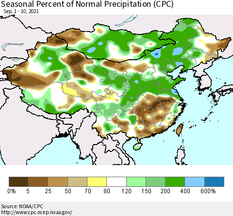 China, Mongolia and Taiwan Seasonal Percent of Normal Precipitation (CPC) Thematic Map For 9/1/2021 - 9/10/2021
