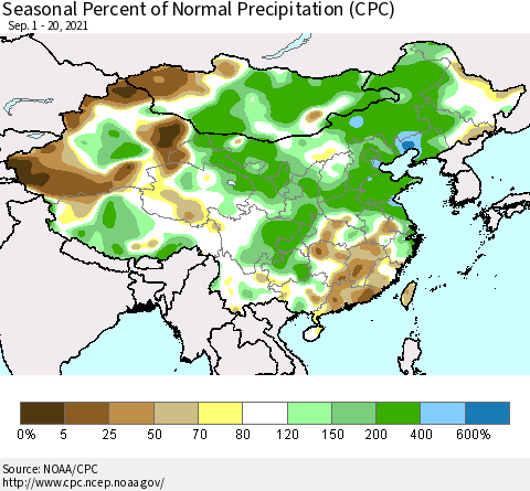 China, Mongolia and Taiwan Seasonal Percent of Normal Precipitation (CPC) Thematic Map For 9/1/2021 - 9/20/2021
