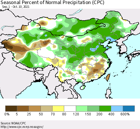 China, Mongolia and Taiwan Seasonal Percent of Normal Precipitation (CPC) Thematic Map For 9/1/2021 - 10/10/2021
