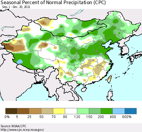 China, Mongolia and Taiwan Seasonal Percent of Normal Precipitation (CPC) Thematic Map For 9/1/2021 - 12/20/2021