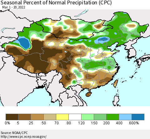China, Mongolia and Taiwan Seasonal Percent of Normal Precipitation (CPC) Thematic Map For 3/1/2022 - 3/20/2022