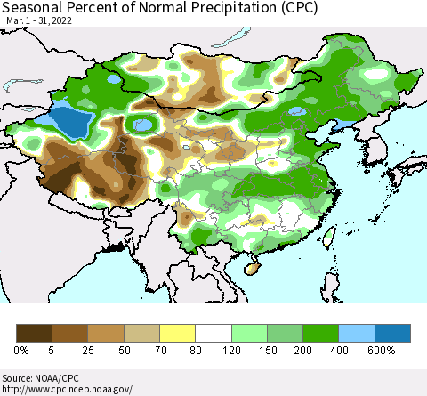 China, Mongolia and Taiwan Seasonal Percent of Normal Precipitation (CPC) Thematic Map For 3/1/2022 - 3/31/2022