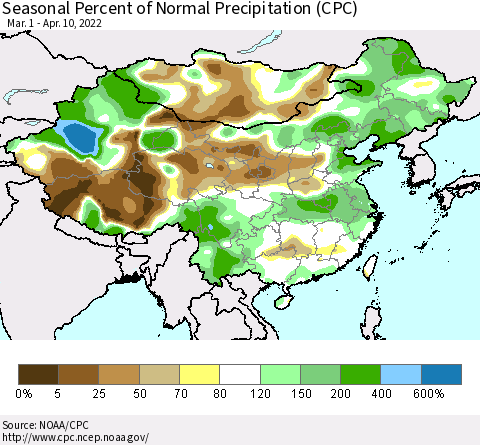 China, Mongolia and Taiwan Seasonal Percent of Normal Precipitation (CPC) Thematic Map For 3/1/2022 - 4/10/2022