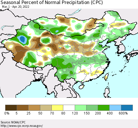 China, Mongolia and Taiwan Seasonal Percent of Normal Precipitation (CPC) Thematic Map For 3/1/2022 - 4/20/2022