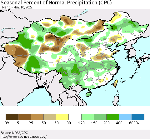 China, Mongolia and Taiwan Seasonal Percent of Normal Precipitation (CPC) Thematic Map For 3/1/2022 - 5/10/2022