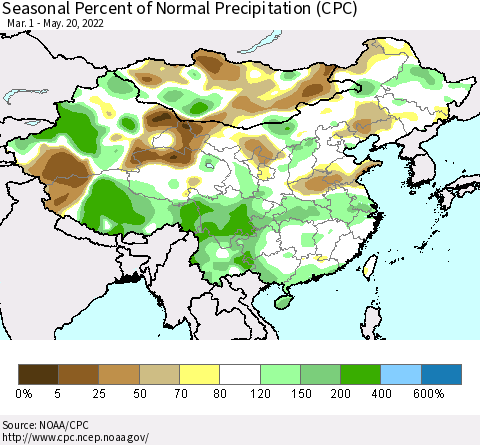China, Mongolia and Taiwan Seasonal Percent of Normal Precipitation (CPC) Thematic Map For 3/1/2022 - 5/20/2022
