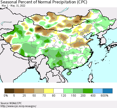 China, Mongolia and Taiwan Seasonal Percent of Normal Precipitation (CPC) Thematic Map For 3/1/2022 - 5/31/2022