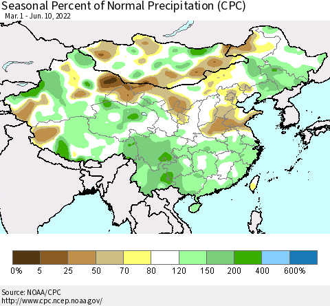 China, Mongolia and Taiwan Seasonal Percent of Normal Precipitation (CPC) Thematic Map For 3/1/2022 - 6/10/2022