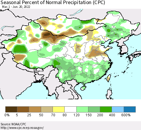China, Mongolia and Taiwan Seasonal Percent of Normal Precipitation (CPC) Thematic Map For 3/1/2022 - 6/20/2022