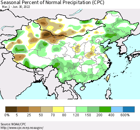 China, Mongolia and Taiwan Seasonal Percent of Normal Precipitation (CPC) Thematic Map For 3/1/2022 - 6/30/2022