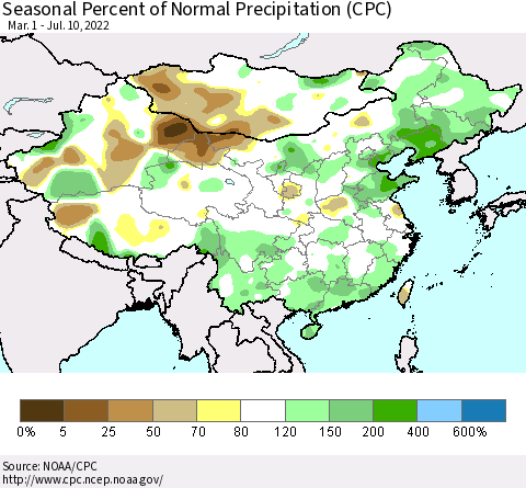China, Mongolia and Taiwan Seasonal Percent of Normal Precipitation (CPC) Thematic Map For 3/1/2022 - 7/10/2022