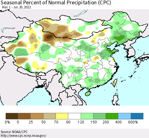China, Mongolia and Taiwan Seasonal Percent of Normal Precipitation (CPC) Thematic Map For 3/1/2022 - 7/20/2022