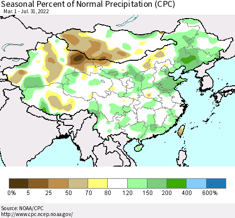 China, Mongolia and Taiwan Seasonal Percent of Normal Precipitation (CPC) Thematic Map For 3/1/2022 - 7/31/2022