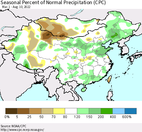 China, Mongolia and Taiwan Seasonal Percent of Normal Precipitation (CPC) Thematic Map For 3/1/2022 - 8/10/2022
