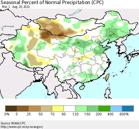 China, Mongolia and Taiwan Seasonal Percent of Normal Precipitation (CPC) Thematic Map For 3/1/2022 - 8/20/2022