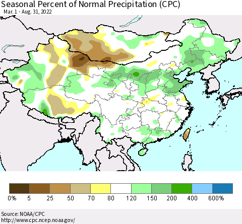 China, Mongolia and Taiwan Seasonal Percent of Normal Precipitation (CPC) Thematic Map For 3/1/2022 - 8/31/2022