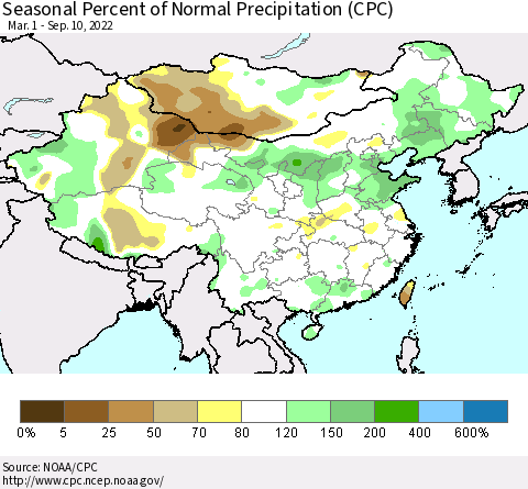 China, Mongolia and Taiwan Seasonal Percent of Normal Precipitation (CPC) Thematic Map For 3/1/2022 - 9/10/2022