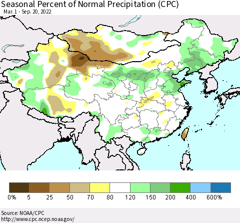 China, Mongolia and Taiwan Seasonal Percent of Normal Precipitation (CPC) Thematic Map For 3/1/2022 - 9/20/2022