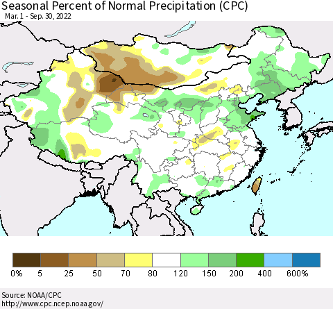 China, Mongolia and Taiwan Seasonal Percent of Normal Precipitation (CPC) Thematic Map For 3/1/2022 - 9/30/2022