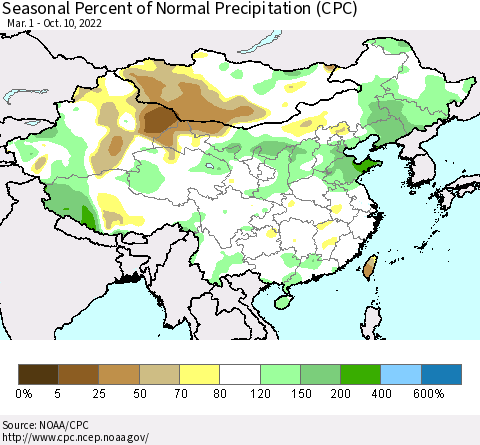 China, Mongolia and Taiwan Seasonal Percent of Normal Precipitation (CPC) Thematic Map For 3/1/2022 - 10/10/2022