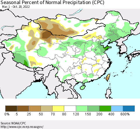 China, Mongolia and Taiwan Seasonal Percent of Normal Precipitation (CPC) Thematic Map For 3/1/2022 - 10/20/2022