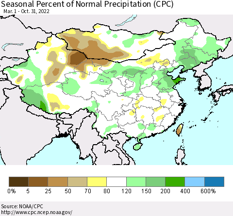 China, Mongolia and Taiwan Seasonal Percent of Normal Precipitation (CPC) Thematic Map For 3/1/2022 - 10/31/2022
